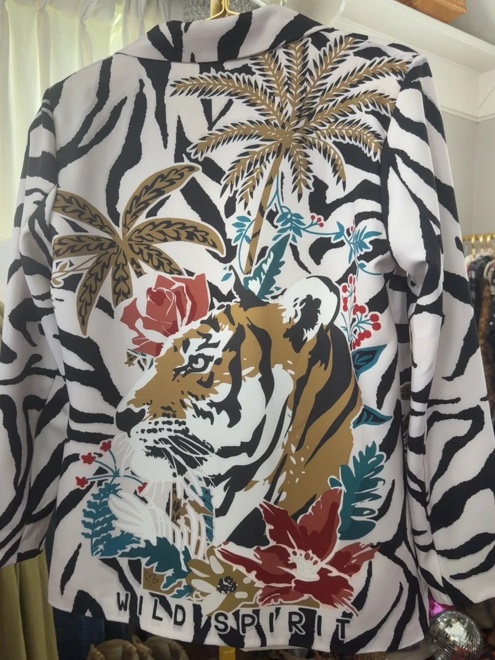 Floral Tiger Print Blazer Jacket in White/Black - Picture 3 of 4